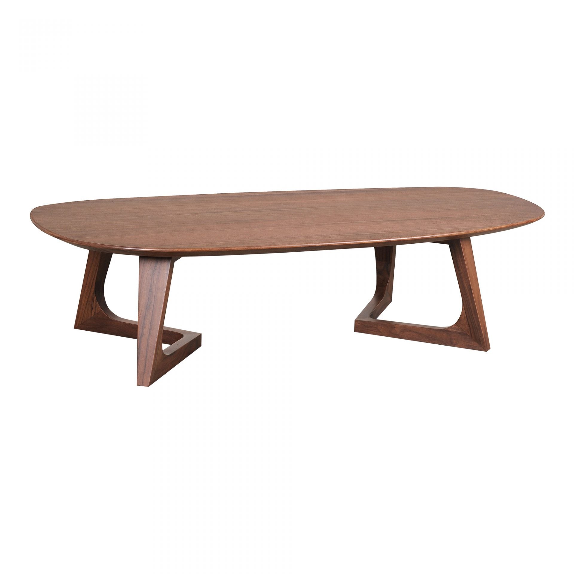 With a solid walnut finish and unique shape, this Godenza Coffee Table is a contemporary take on a mid-century modern classic. Made from solid, high-quality American walnut, this coffee table's warm hues brighten up your space while offering a medium-sized tabletop for your everyday needs.  Size: 42"W x 27.5"D x 15"H