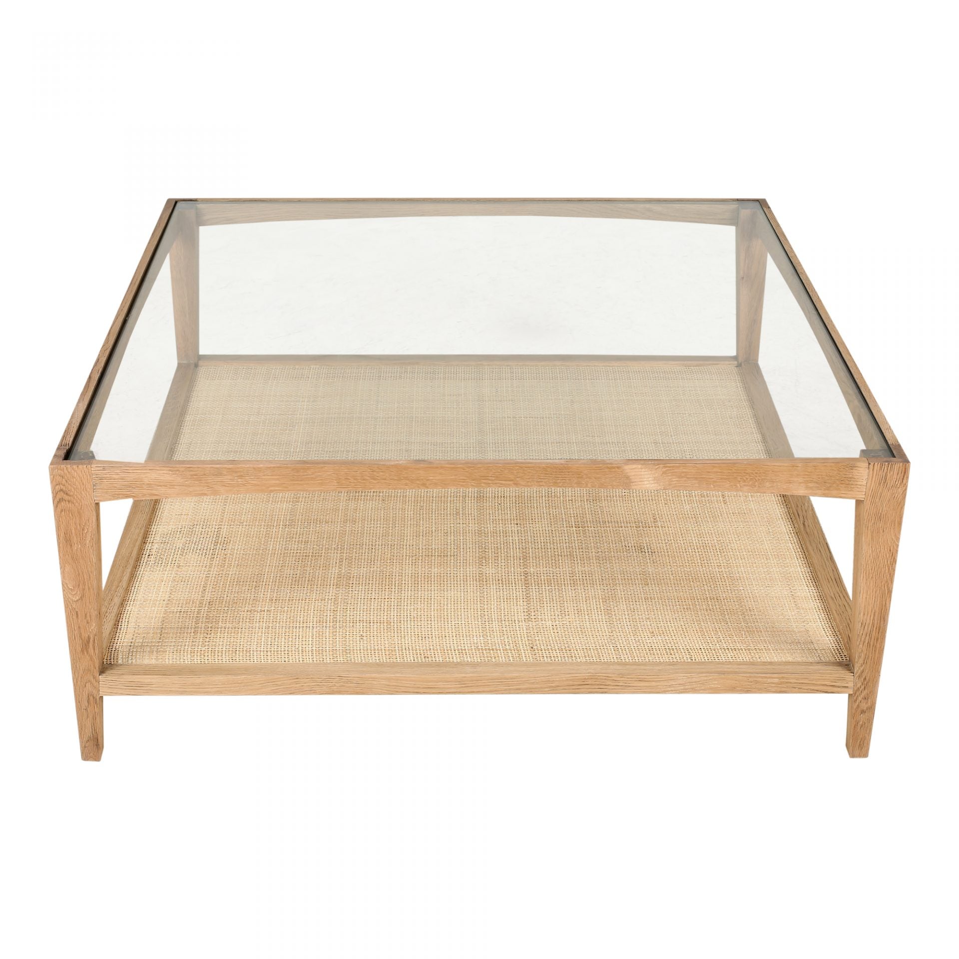 Both functional and beautiful, this Harrington Coffee Table features a natural cane shelf, perfect for storing your favorite books, magazines, or other accessories!   Dimensions: 39.5"W x 39.5"D x 16.5"H Materials:  Solid Oak Frame, Tempered Glass Top, Natural Cane Shelf