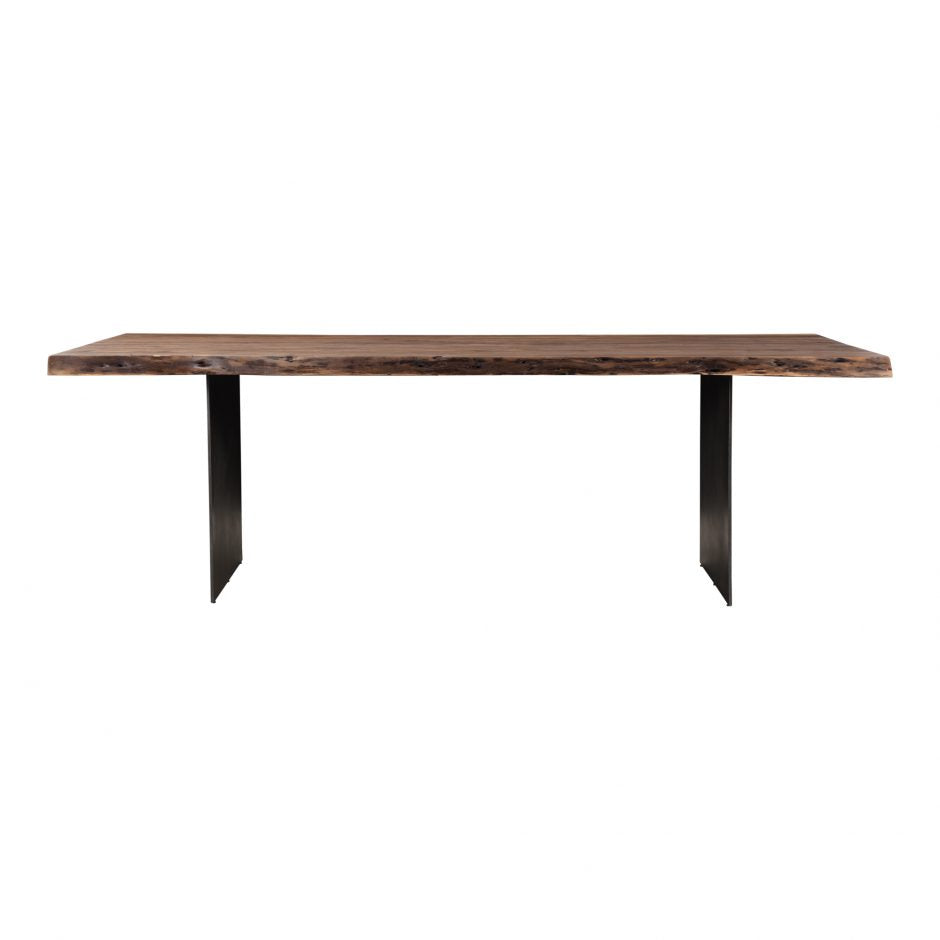 We are obsessed with the natural finished, solid acacia wood paired with the thin iron legs on this Howell Dining Table. This table features its own unique combination of knots and grains -- a large and beautiful dining table to host your holiday and family dinners.  Dimensions: 94"W x 38"D x 30"H  Materials: Solid Acacia, Iron Legs