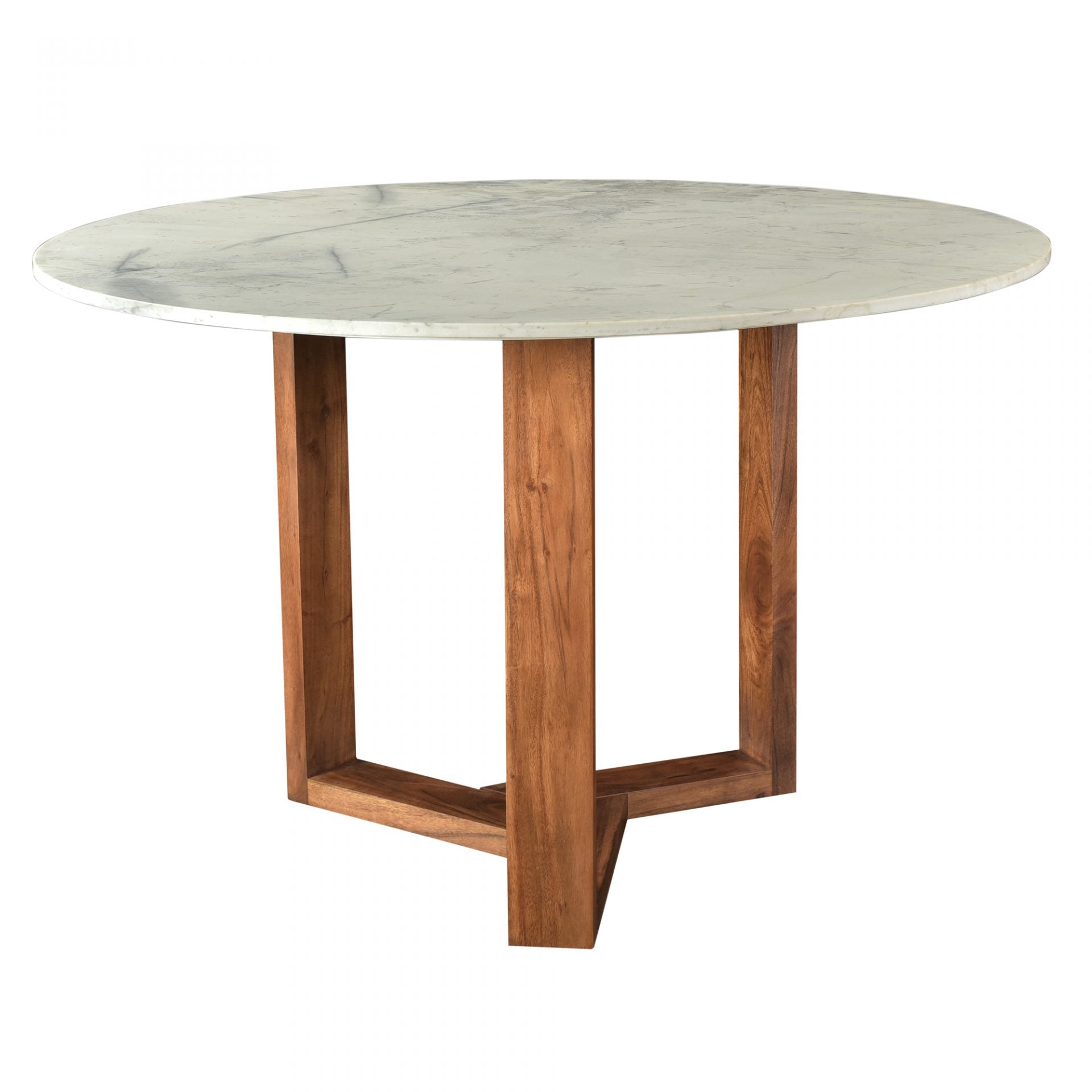 With a solid Satwaria marble tabletop, the Jinxx Dining Table - Brown showcases the best of nature's work. Solid Acacia legs form an ergonomic base that allows 4-6 people to sit comfortably around the table.  Size: 48"W x 48"D x 30"H Materials: White Satwaria Marble Top, Solia Acacia Base, MDF
