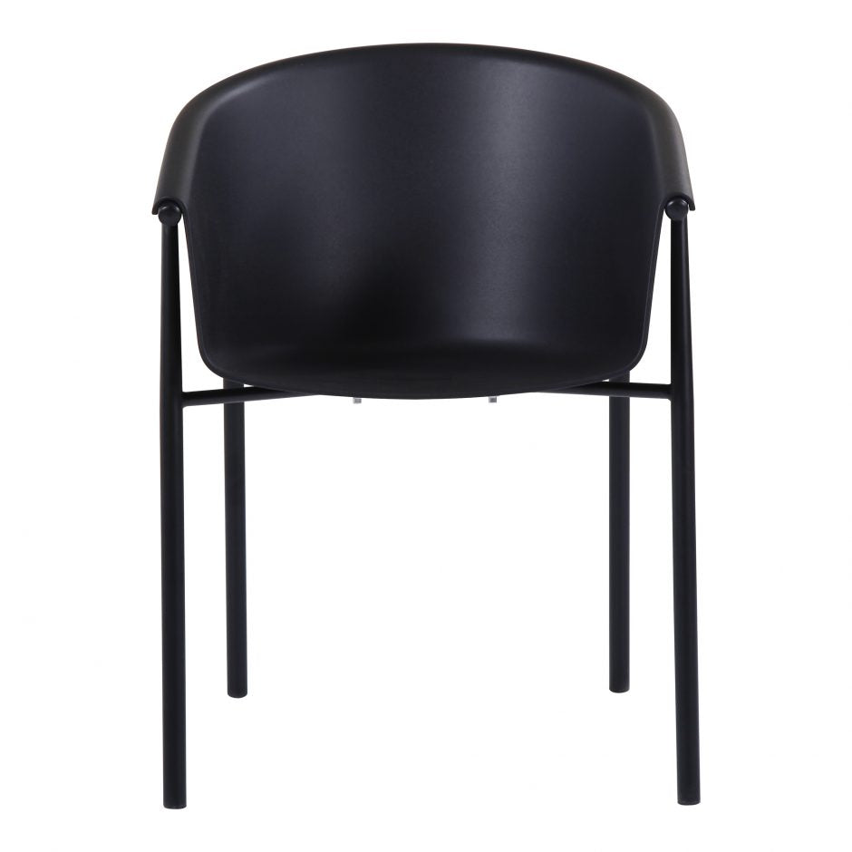 This Shindig Outdoor Dining Chair is a must for the patio. The waterproof seats allow for easy maintenance, while the shapely design and color allow for a sleek, simple aesthetic.  Size: 23 x 23"D x 31.5"H Material: Polypropylene, Powder-Coated Metal Legs