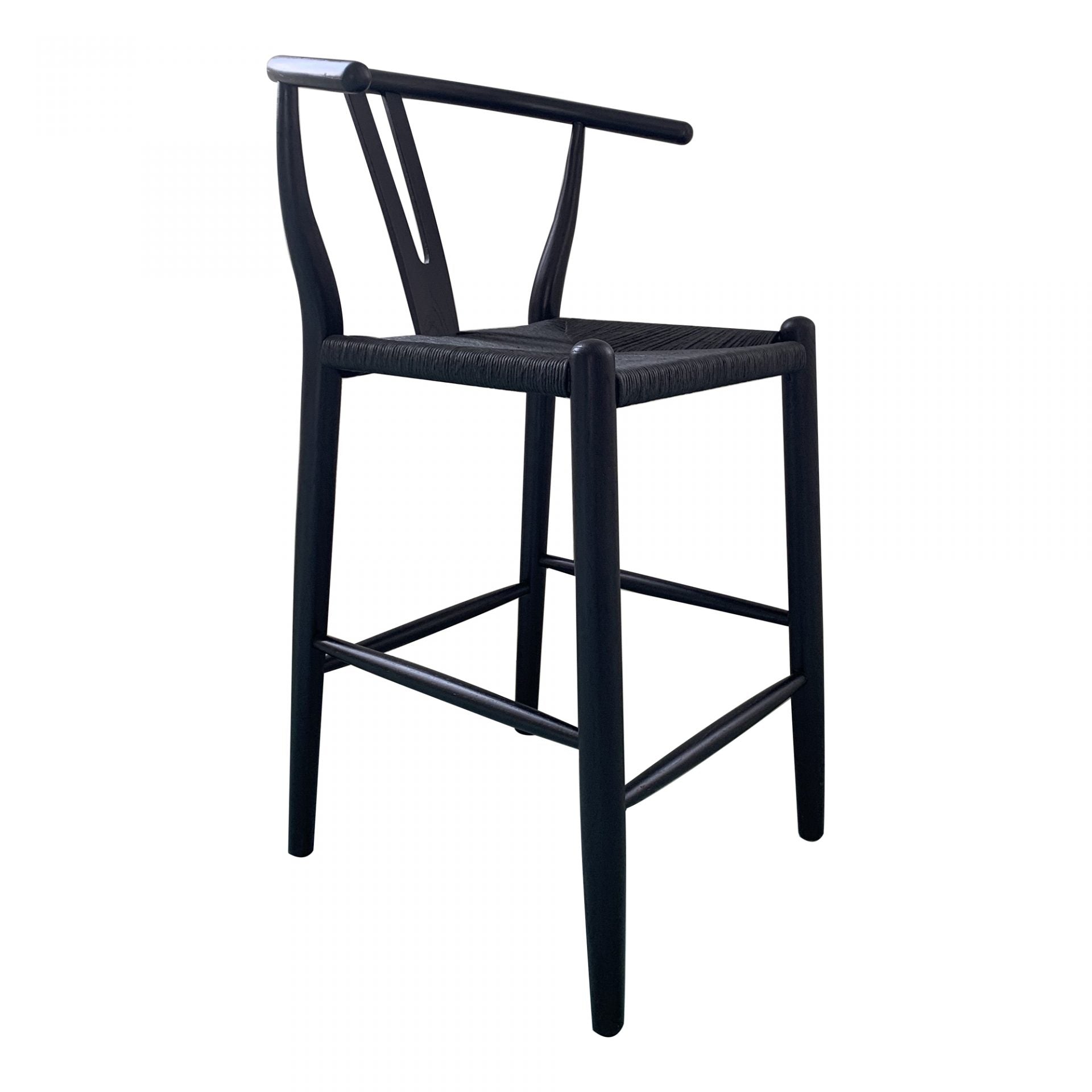The Ventana Counter + Bar Stool - Black is a simple, sturdy construction with a  contemporary woven paper fiber seat, and convenient wrap around footrest. The stylish seat comprises solid elm wood with a black, semi-gloss finish for a lifelong stool for any kitchen, island, or bar area! 