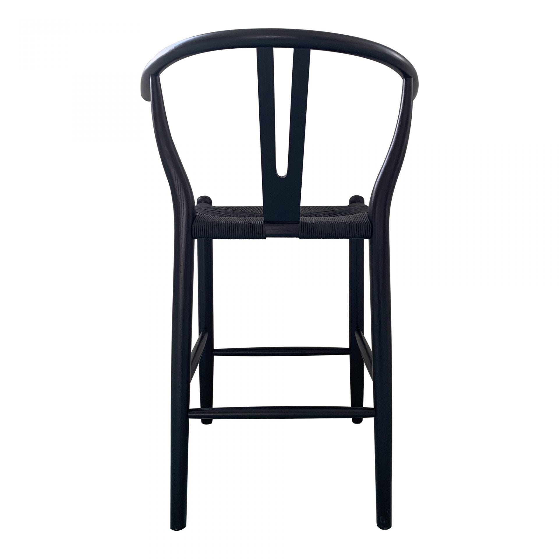 The Ventana Counter + Bar Stool - Black is a simple, sturdy construction with a  contemporary woven paper fiber seat, and convenient wrap around footrest. The stylish seat comprises solid elm wood with a black, semi-gloss finish for a lifelong stool for any kitchen, island, or bar area! 
