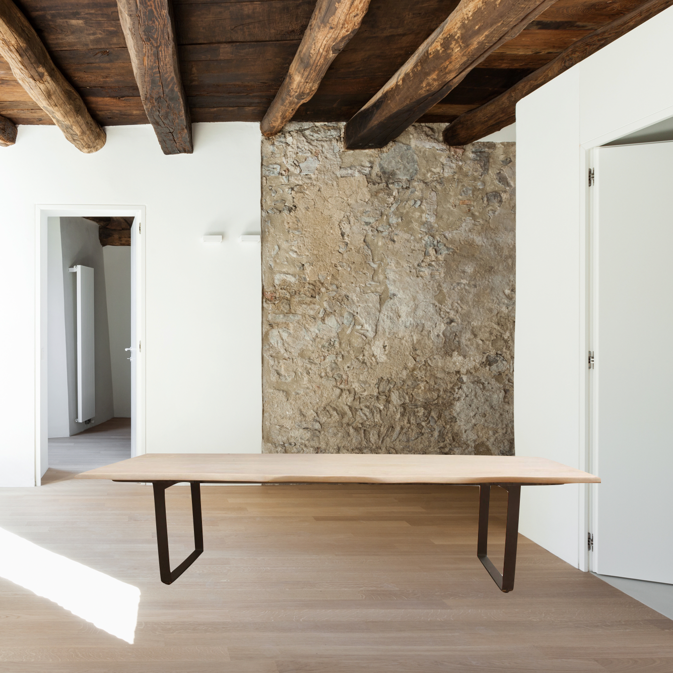 The Wilks Dining Table has a sturdy iron frame with a gorgeous, natural piece of white wood for the top. Each table is completely unique to you!  Size: 118"W x 39"D x 30"H Material: Solid Mango, Iron Legs