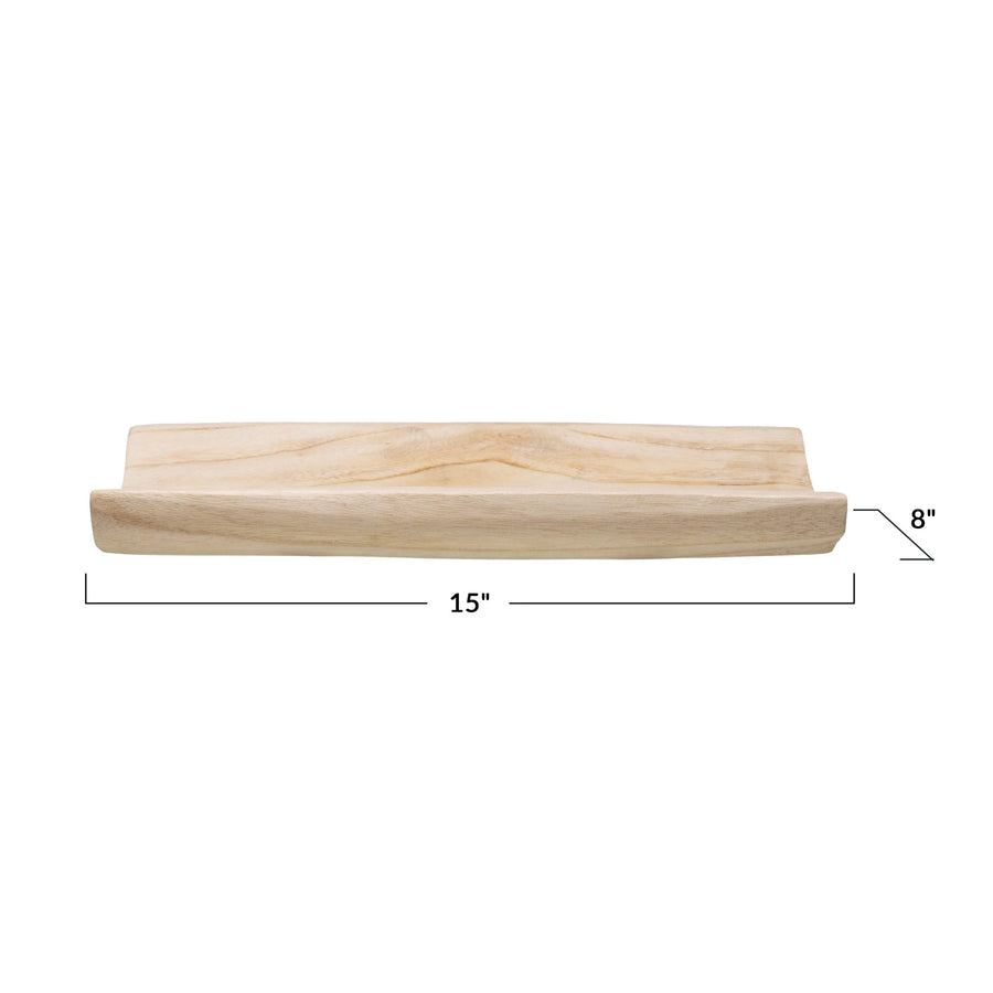 This Paulownia Wood Curved Tray is a beautiful addition to any home, and can be used in many different ways. Made out of paulownia wood, this curved tray has a natural wooden finish.  Size: 15"L x 8"W