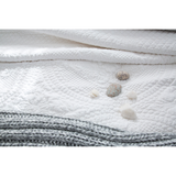 The Marseille Coverlet Bedding White by Pom Pom is luxurious and elegant with a detailed floral and diamond quilted pattern on the front made of 100% stone washed cotton velvet.   100% cotton velvet Machine wash cold; tumble dry low; warm iron as needed Do not bleach