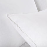 This Blair White Duvet Collection by Pom Pom at Home is youthful and casual with subtle frayed edges. Made of 100% linen, the duvet cover and shams are finished with simple tie closures.  Inserts sold separately  100% linen Machine wash cold; tumble dry low; warm iron as needed Do not bleach