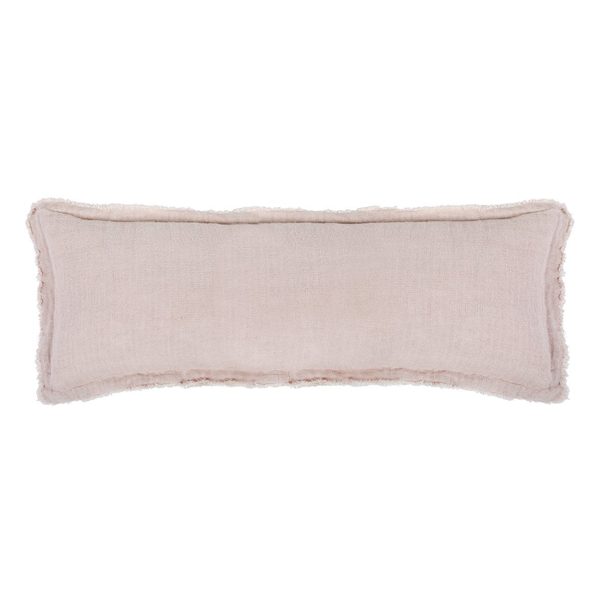 The Laurel Blush 14x40 Pillow with Insert is a beautiful, stonewashed linen with frayed edges.   Details & Care: 100% Linen  Machine Wash cold: tumble dry low: warm iron as needed. Insert Included 