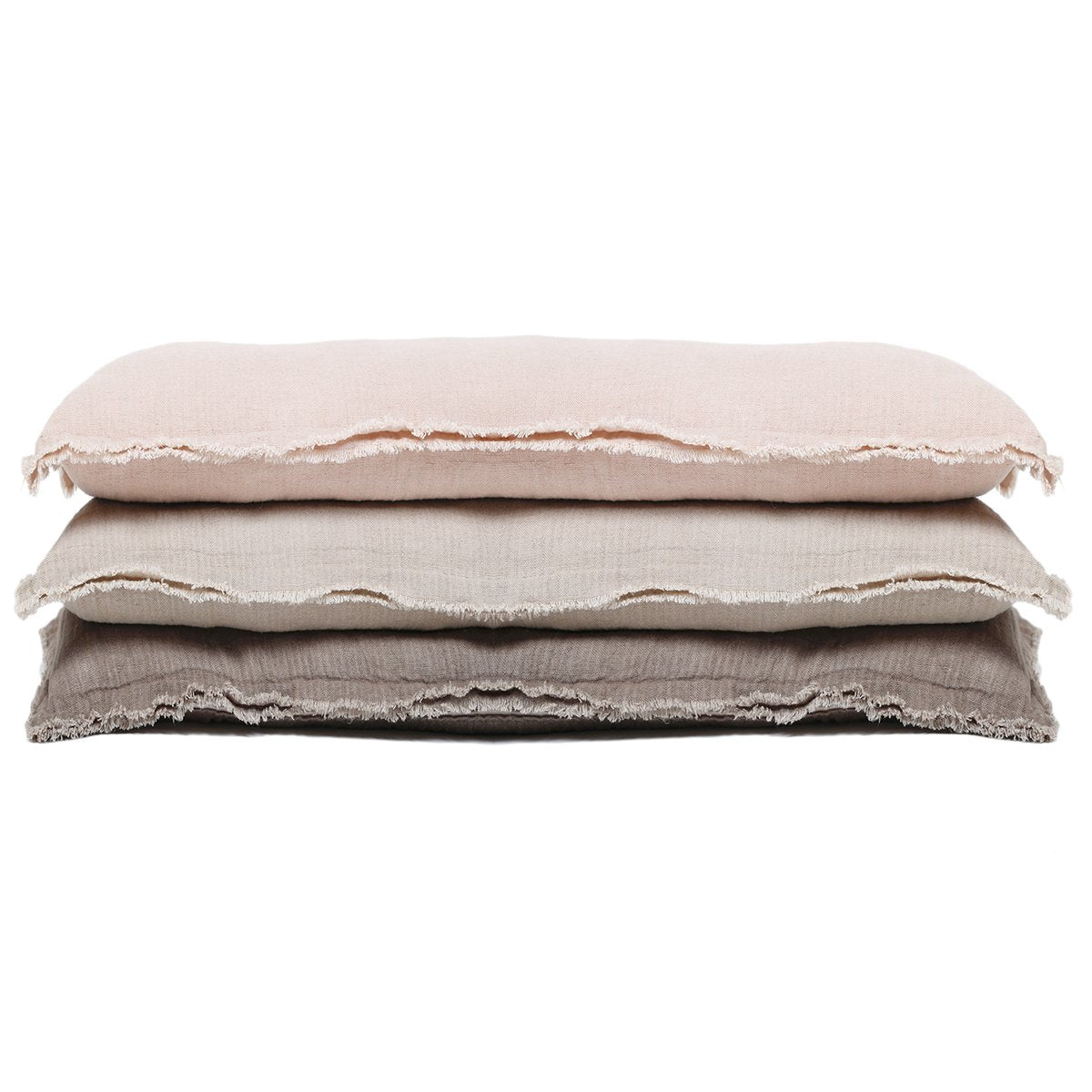 The Laurel Blush 14x40 Pillow with Insert is a beautiful, stonewashed linen with frayed edges.   Details & Care: 100% Linen  Machine Wash cold: tumble dry low: warm iron as needed. Insert Included 