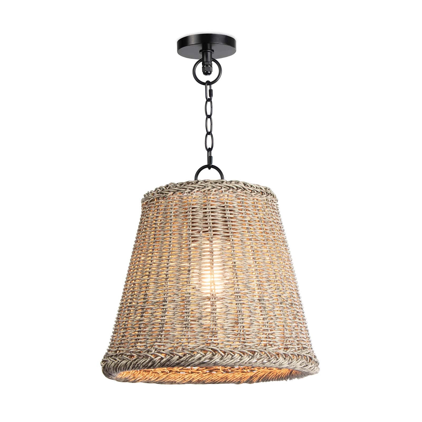 The Augustine Outdoor Pendant - Small provides a relaxed, coastal or southern style with its white-washed woven wicker basket pendant and blackened metal detailing. Add a little rustic charm to your outdoor living space with this organic luminary.  Dimensions: 18.5"h x 13.5"d x 13.5"d