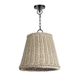 The Augustine Outdoor Pendant - Small provides a relaxed, coastal or southern style with its white-washed woven wicker basket pendant and blackened metal detailing. Add a little rustic charm to your outdoor living space with this organic luminary.  Dimensions: 18.5"h x 13.5"d x 13.5"d
