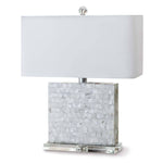 We love that this Bliss Mother of Pearl Table Lamp is covered in mother-of-pearl tiles and set on a clear crystal base. The Bliss Table Lamp brings refinement and sophistication to any space. A white linen rectangle shade completes the design.   Overall Dimensions: 17"w x 7"d x 22.5"h