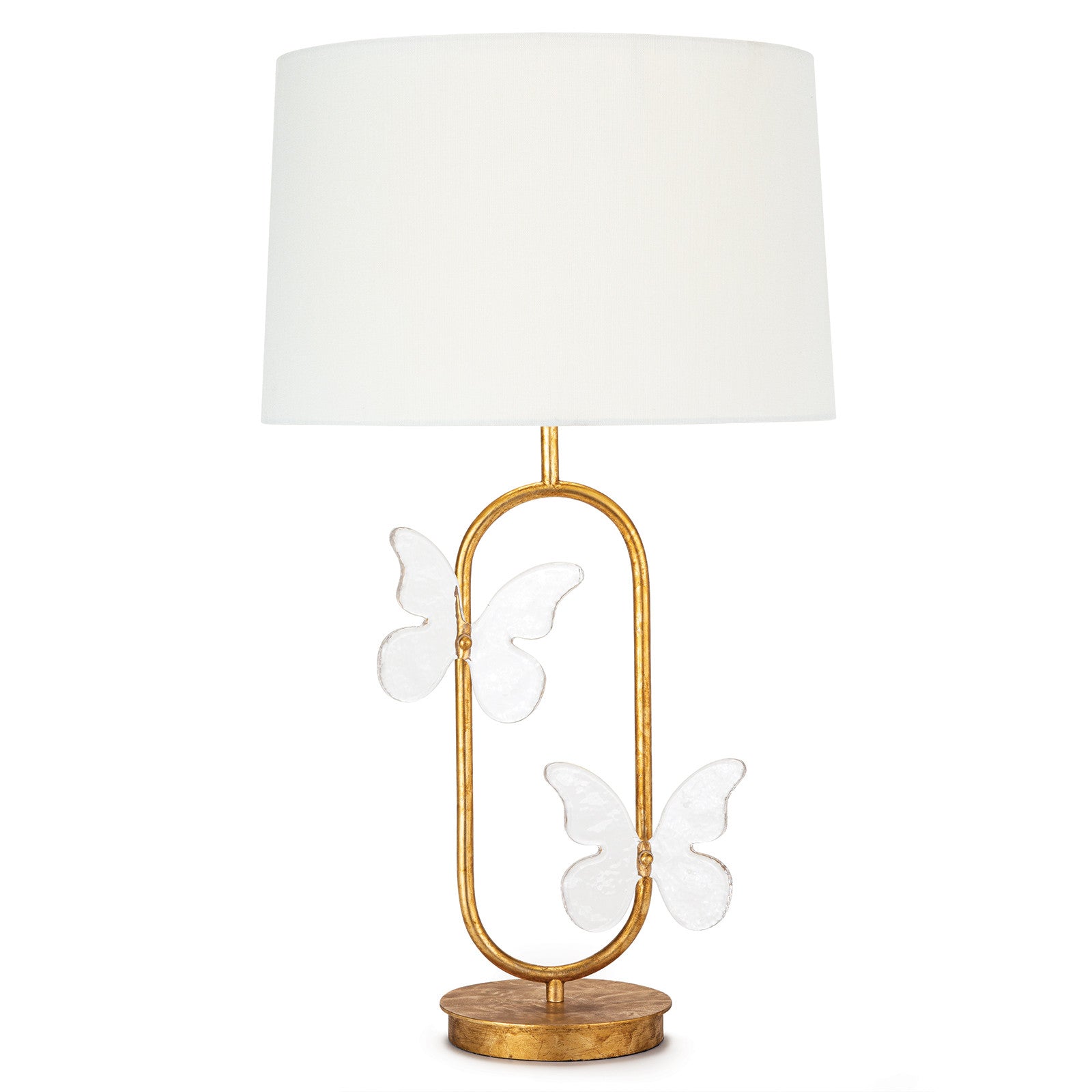 This Monarch Oval Table Lamp features two clear glass butterflies and a steel frame dusted in a light gold leaf finish. We'd love to see this in your bedroom, office, or other space! Overall Dimensions: 17"w x 17"d x 27.5"h