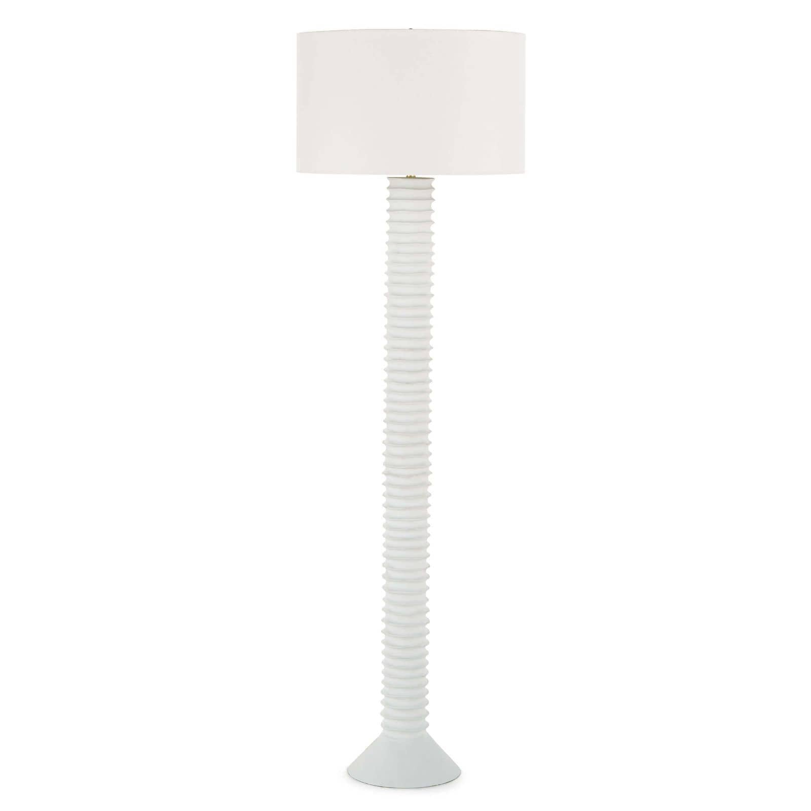 A tactile white finish on the striking Nabu Metal Floor Lamp accentuates its accordion-like base. Its simple, yet artisan feel would make for a beautiful compliment to a casually sophisticated living room, home office or bedroom.    Overall Dimensions: 20"w x 20"d x 65"h