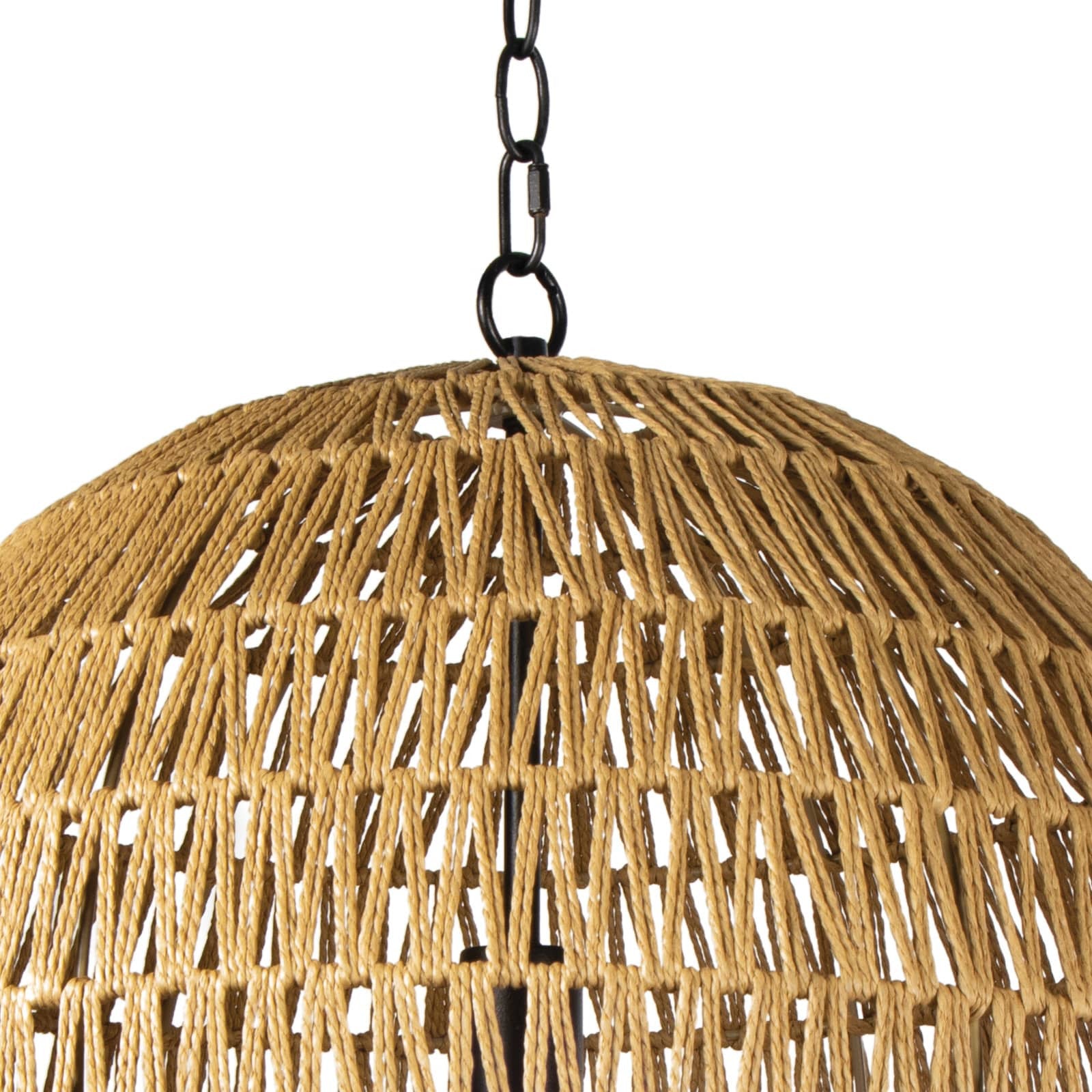 With a relaxed, Cali-cool vibe, the Seaside Pendant Small adds natural texture to any interior design. Thin jute is wrapped atop a natural-toned, metal globe in a pattern intended to let light shine through and out.    Overall Dimensions: 20"w x 20"d x 24"h