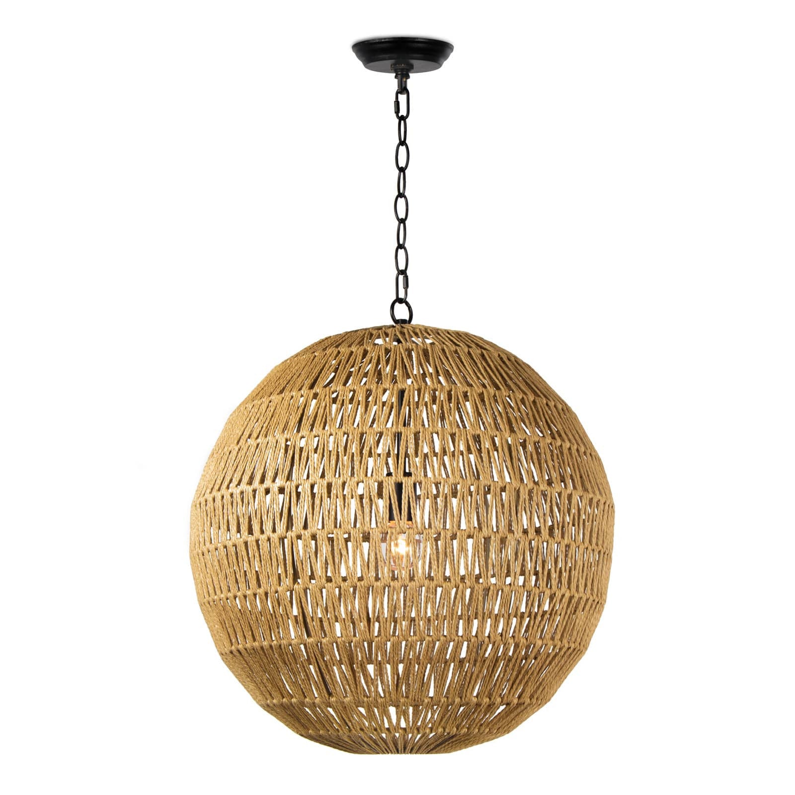 With a relaxed, Cali-cool vibe, the Seaside Pendant Small adds natural texture to any interior design. Thin jute is wrapped atop a natural-toned, metal globe in a pattern intended to let light shine through and out.    Overall Dimensions: 20"w x 20"d x 24"h