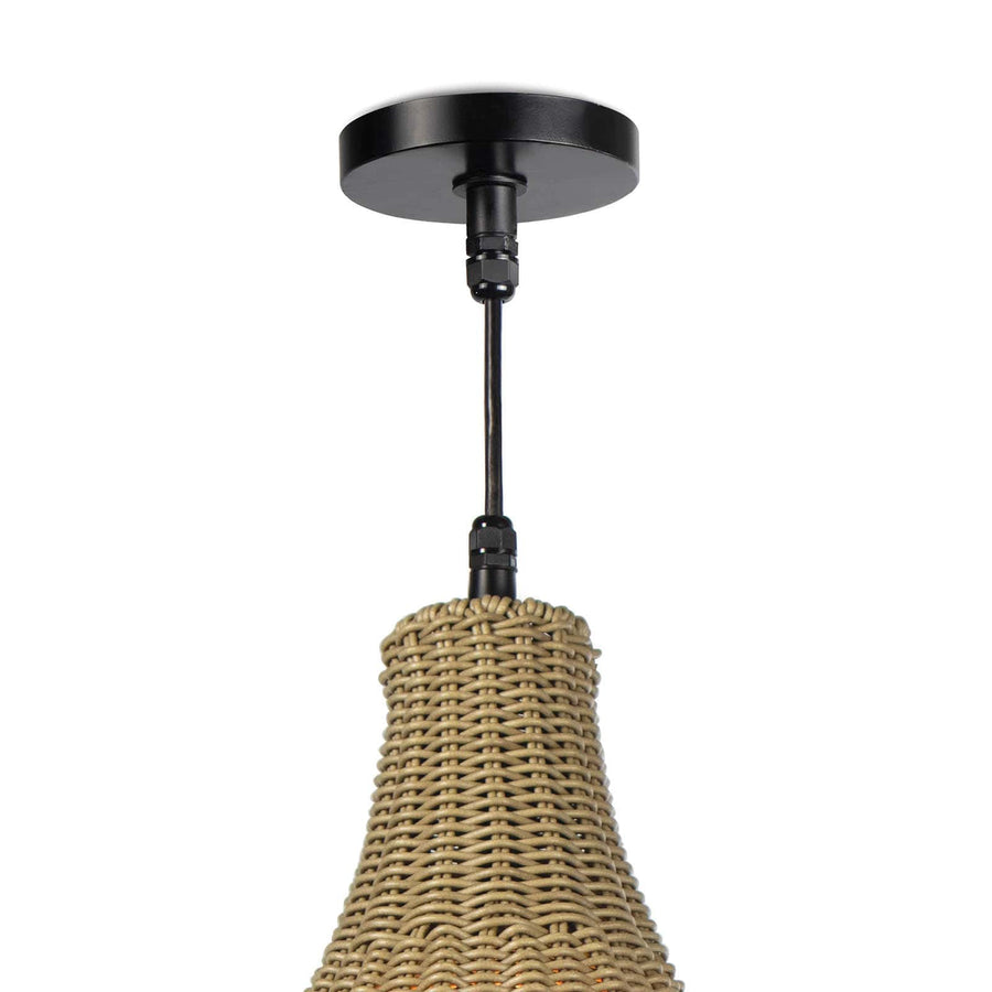 We love the coastal feel of this Beehive Vista Outdoor Chandelier. Made from rattan-like material, the curves of the chandelier bring an organic charm to any dining room, patio, or other area.   Dimensions: 21.75"h x 17"d x 17"d