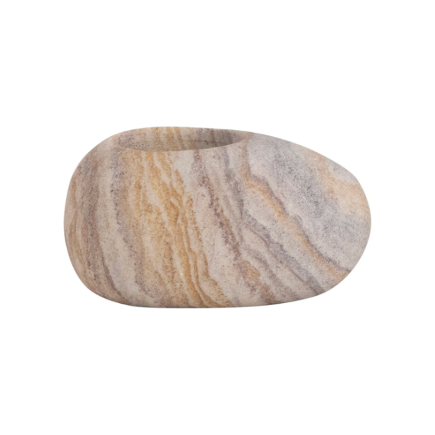 These Sandstone Tealight Holders add an organic ambiance -- the natural aspect of these sandstone tea lights make it a whole vibe. Pair together or one on its own.   Each one will vary.   Size: 4"L x 2.75 "W x 3.5" Round 