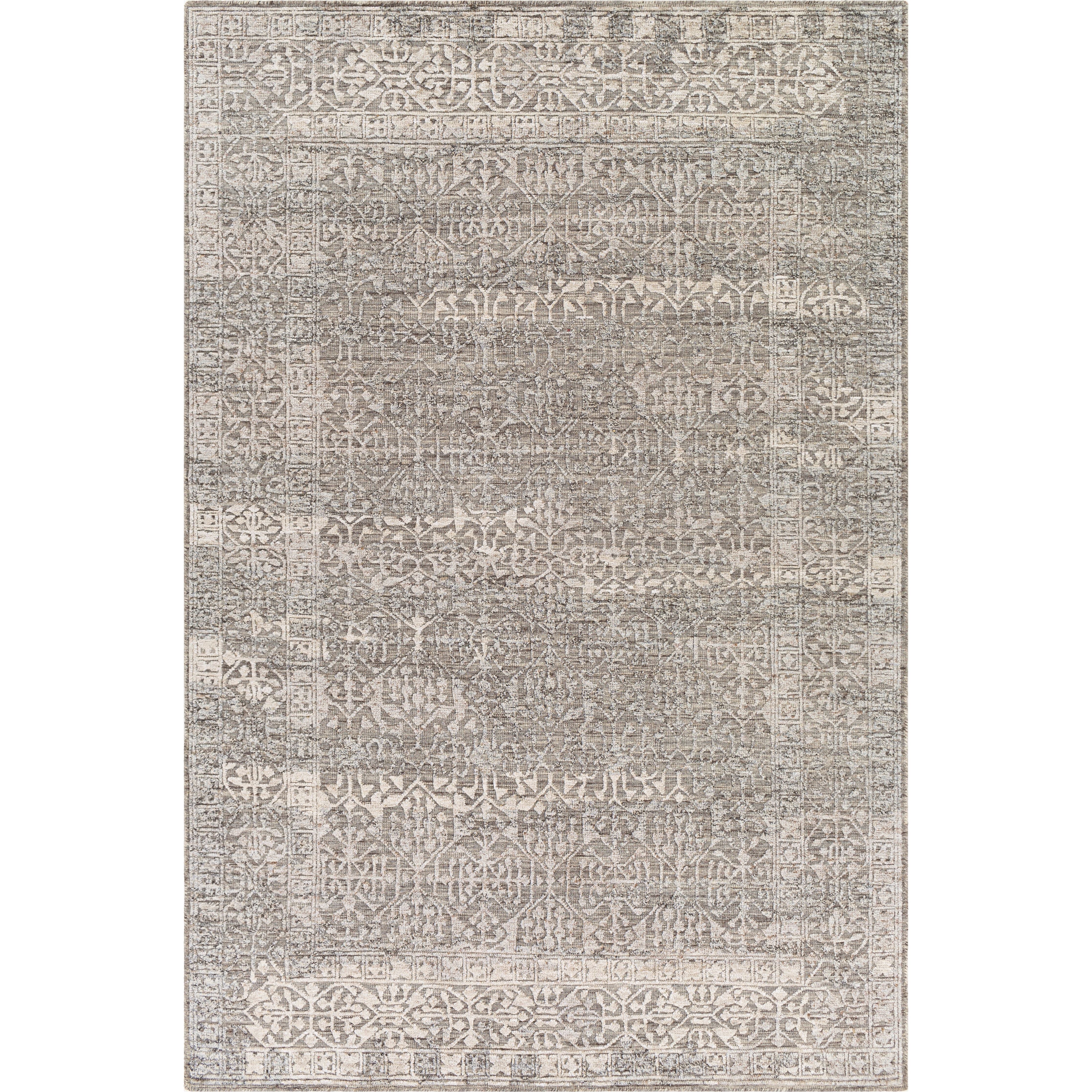 The Tunus Silver Rug features a globally inspired design made from wool. The hand-knotted rug adds wabi sabi charm to any room. Amethyst Home provides interior design, new home construction design consulting, vintage area rugs, and lighting in the Kansas City metro area.