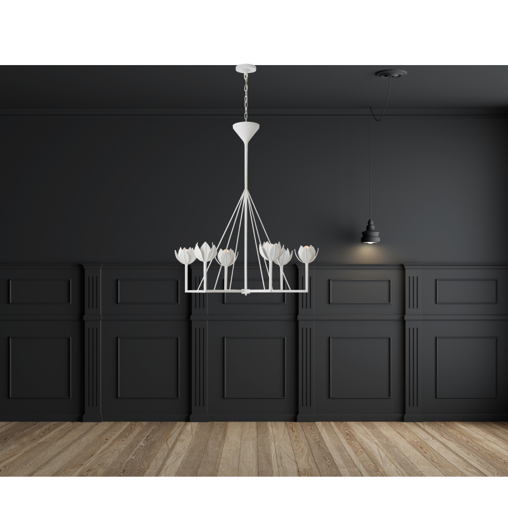 The Alberto Large Single Tier Chandelier by Visual Comfort has gorgeous, thin arms with a stunning flower placed atop each head. This gives a unique, bright look to any dining room, living room, or other large area.  Designer: Julie Neill