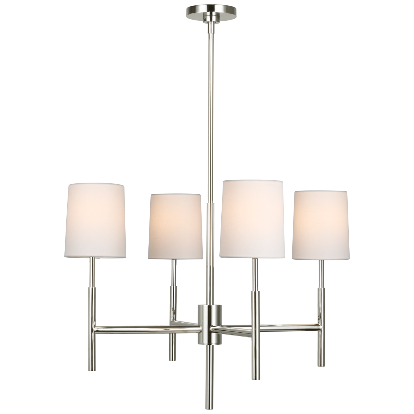 The thin arms of this Clarion Small Chandelier bring a sleek, modern look to any space. The linen shade brings a soft, elegant glow to any bedroom, dining room, or other area.   Designer: Barbara Barry