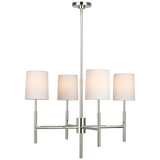 The thin arms of this Clarion Small Chandelier bring a sleek, modern look to any space. The linen shade brings a soft, elegant glow to any bedroom, dining room, or other area.   Designer: Barbara Barry