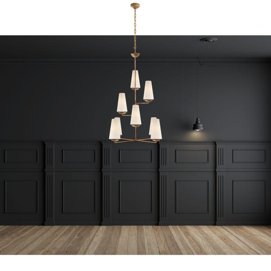 We love the textured look of the Fontaine Vertical Chandelier by Visual Comfort. The layered linen shades brings a classy, warm look to any living room, dining room, or other large area.   Designer: AERIN