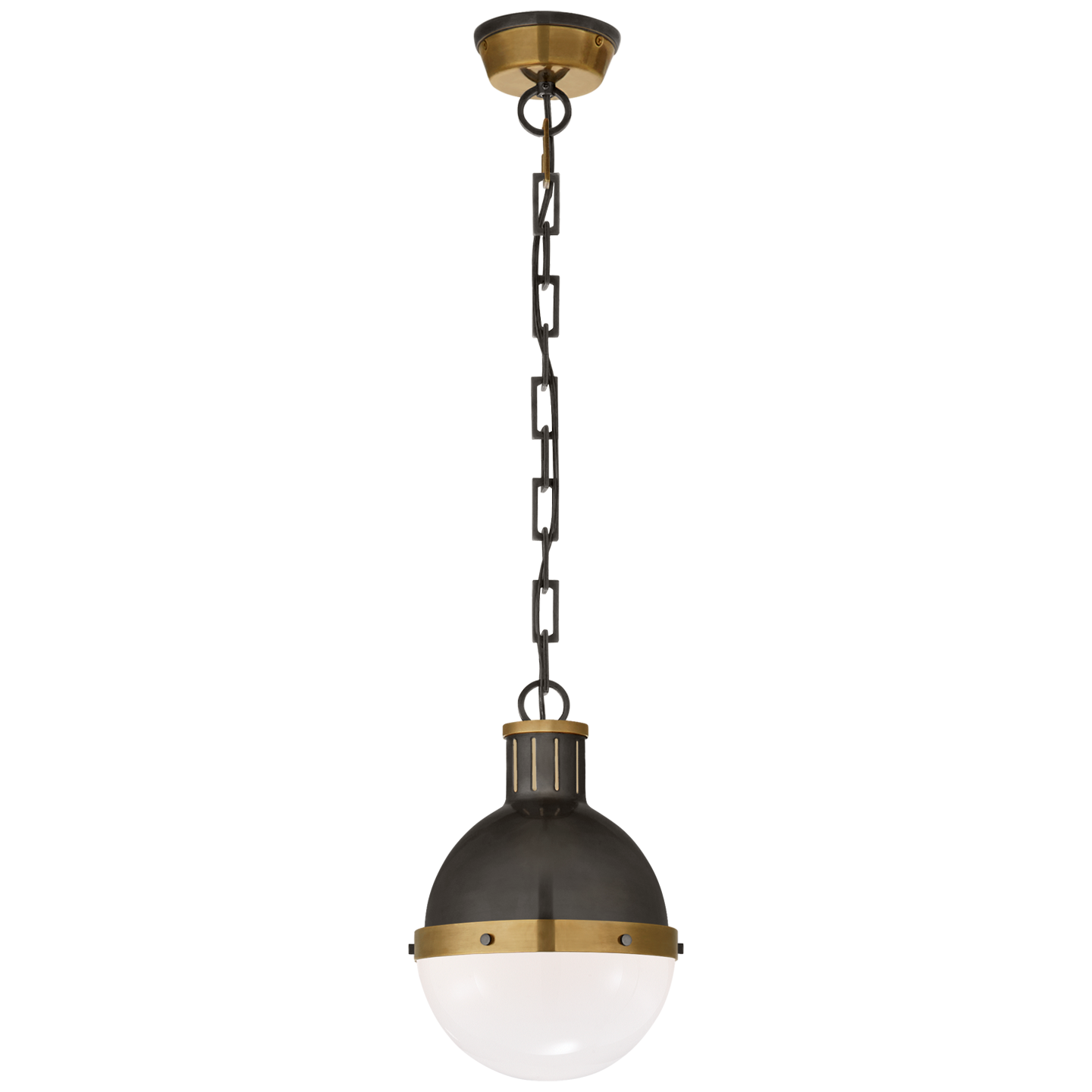 We love the white glass globe shade on this Hicks Small Pendant. Hang it over your kitchen island or sink to bring the space an industrial feel.   Designer: Thomas O'Brien  Height: 11.75" Width: 8.5" Canopy: 4.75" Round Socket: E26 Keyless Wattage: 75 A