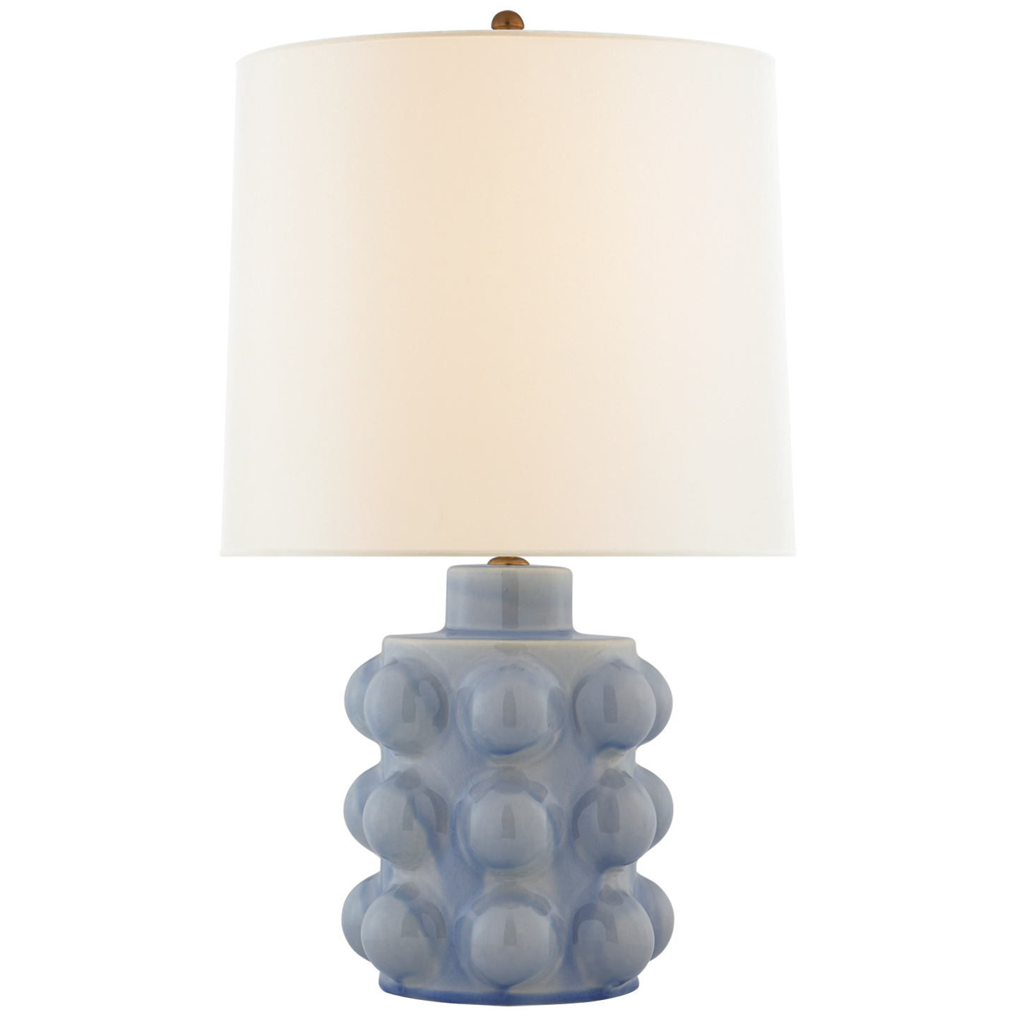 We love the form shape of this Vedra Medium Table Lamp. The dimmer feature makes it a perfect choice for your bedroom, living room, or other area that is perfect for setting the mood.   Reactive Ceramic Glazes Will Vary in Color and Texture  Designer: AERIN  Height: 26.75" Width: 16.5" Base: 7.5" Round Socket: E26 Dimmer Wattage: 100 A19