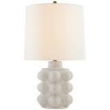 We love the form shape of this Vedra Medium Table Lamp. The dimmer feature makes it a perfect choice for your bedroom, living room, or other area that is perfect for setting the mood.   Reactive Ceramic Glazes Will Vary in Color and Texture  Designer: AERIN  Height: 26.75" Width: 16.5" Base: 7.5" Round Socket: E26 Dimmer Wattage: 100 A19
