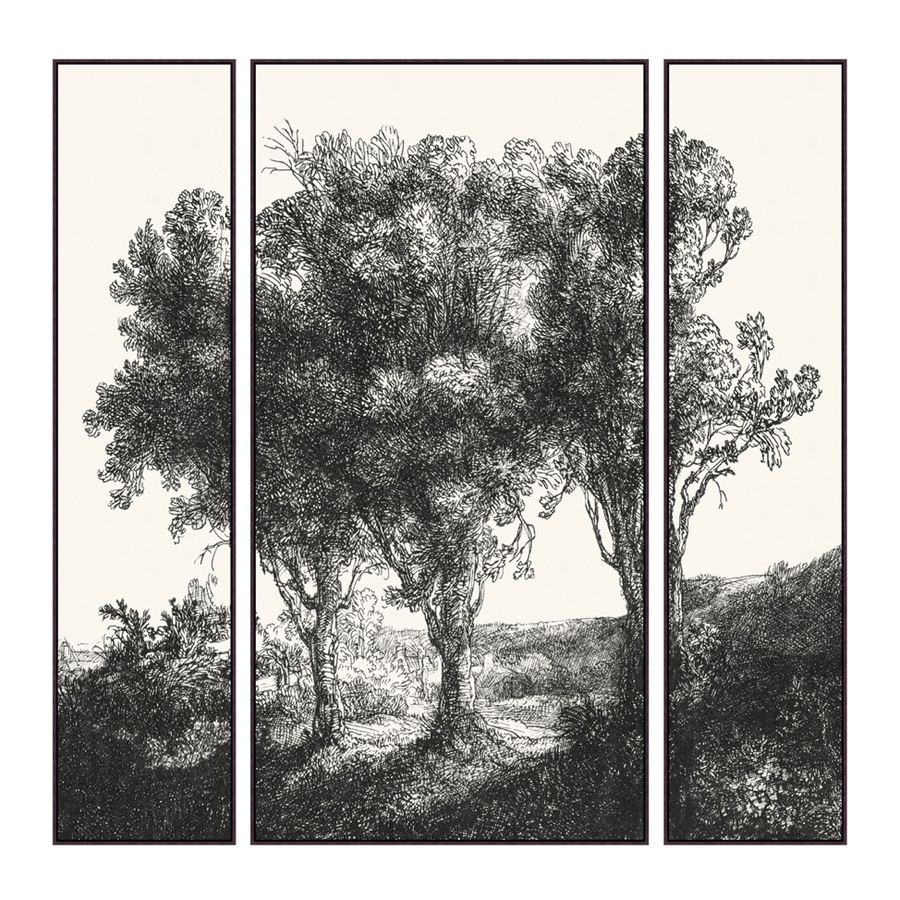 This Countryside Etching Triptych Art - Set of 3 brings a classic, historic feel to any living room, entryway, or other large area!   Specialty: Giclee on Gallery Wrapped Canvas, Artist Enhanced, SET OF 3 Medium: Canvas Treatment: Non-Customizable Size: 71"w x 73"h