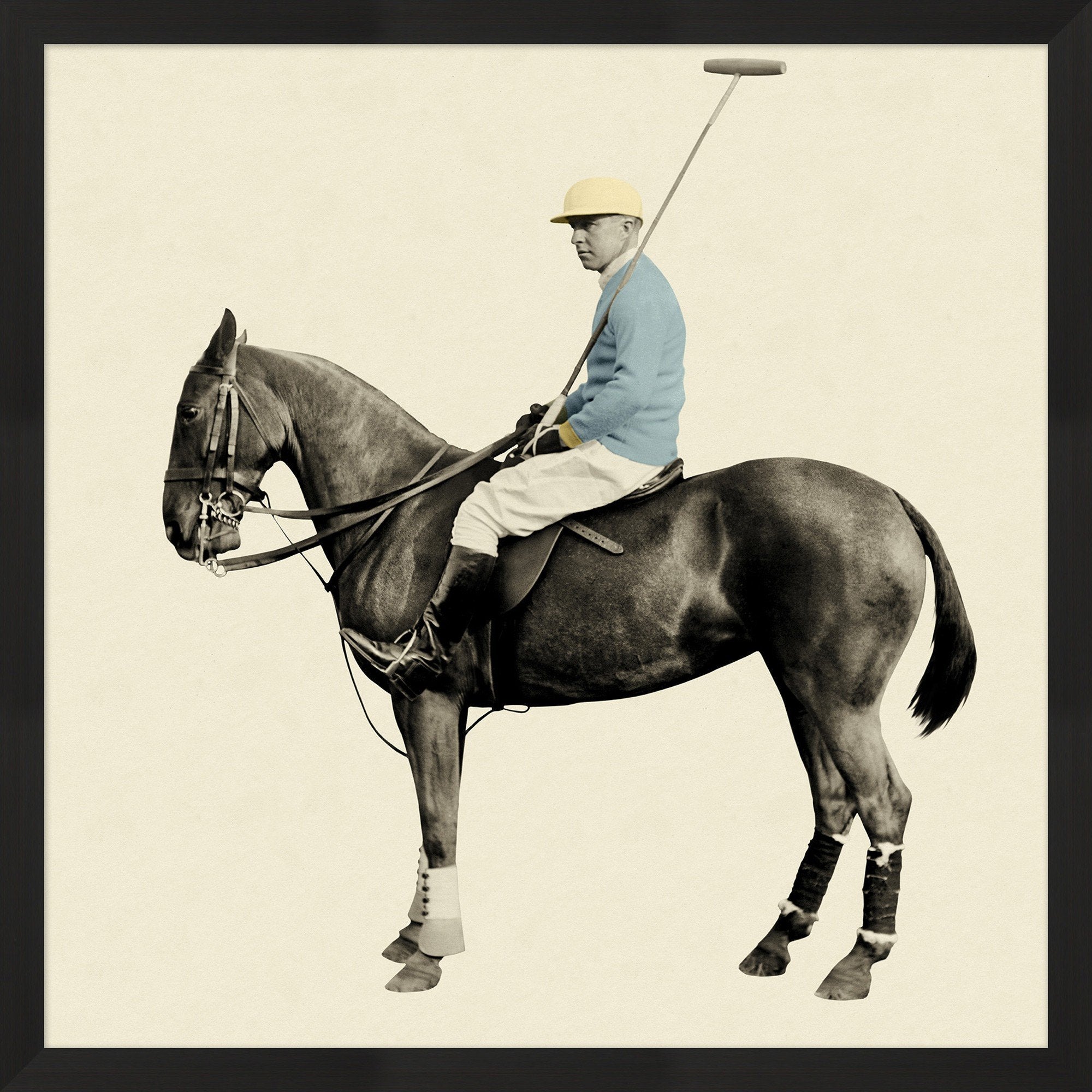 Captured beautifully in this framed photograph, the Dapper Horsemen #2 Art features a man in soft blue and yellow is striking saddled on the horse.  Specialty: Straight Fit (No Mats)  Medium: Matte Paper Treatment: Straight Fit (No Mats) Size: 38.5"w x 38.5"h