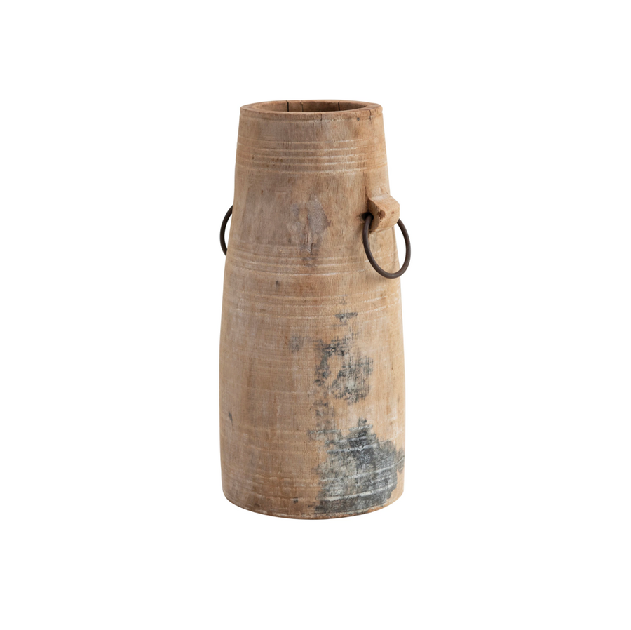This distressed Wood Milk Jug is effortlessly unique and a perfect addition to any shelf, nook, or table.  Approximate Size: 5" dia x 10"H